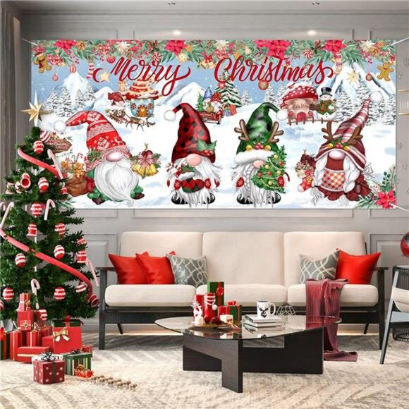 Christmas Santa Gnome Decal Wall Photo Props Hanging Backdrop Decor 6 x 13 ft - Picture 5 of 8